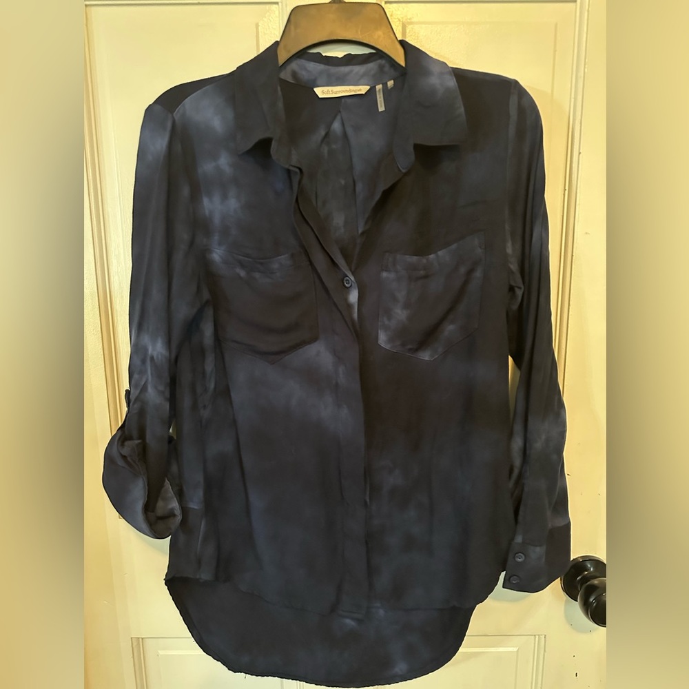 Soft Surroundings Shirt Sz Small Navy Blue Tie Dye Button Up Roll Tab; EUC